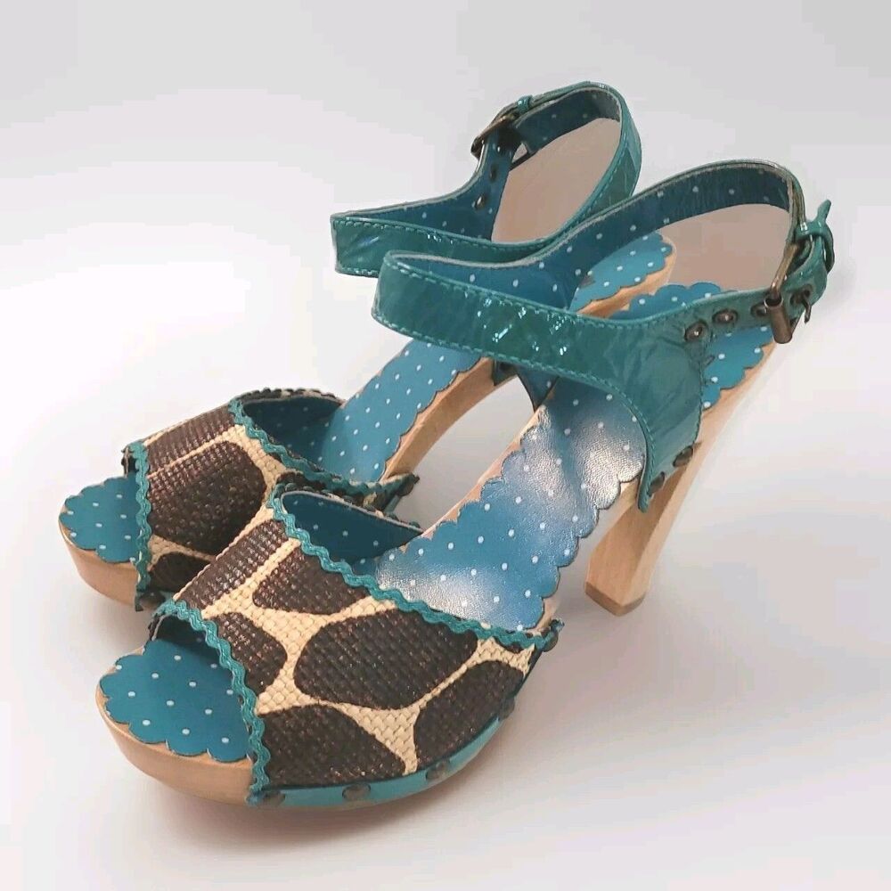 MOSCHINO Womens Shoes Animal Print Wooden Heels Sandals Turquoise Black Sz 6 US